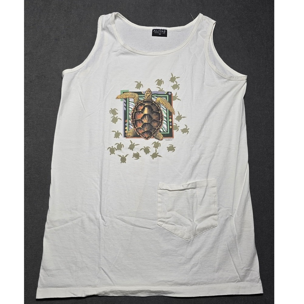 Alore OS White Turtle Graphic Pocket Sleeveless‎ Tank Top T-Shirt Hawaii Beach